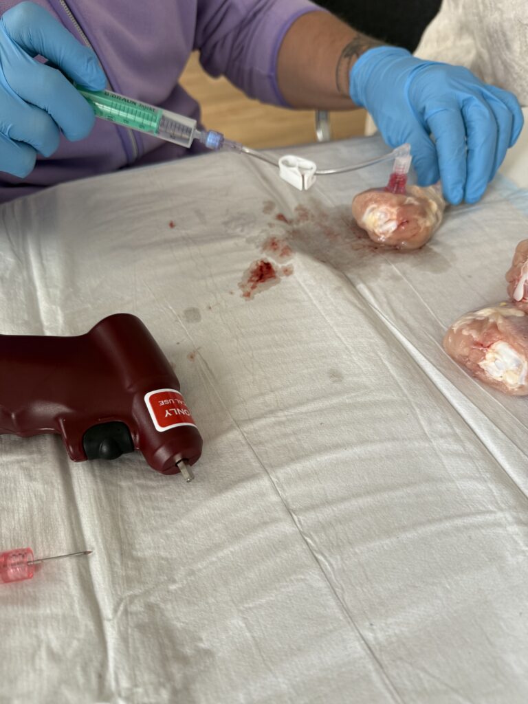 Teilnehmer trainiert im ACLS Provider Kurs an einer Skillstation mit dem EZ-IO Bohrer. 